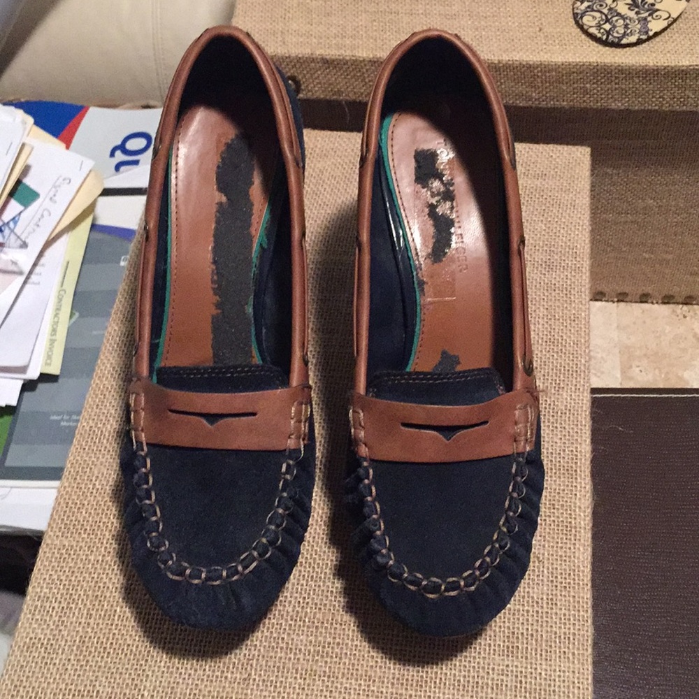 Blue/navy suede penny loader style platform heel